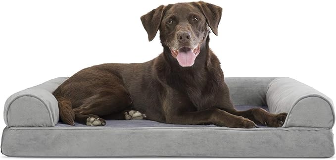 Furhaven Orthopedic Dog Bed for Large/Medium Dogs w/ Removable Bolsters & Washable Cover, For Dogs Up to 55 lbs - Faux Fur & Velvet Sofa - Smoke Gray, Large-PurrikoPets