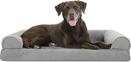 Furhaven Orthopedic Dog Bed for Large/Medium Dogs w/ Removable Bolsters & Washable Cover, For Dogs Up to 55 lbs - Faux Fur & Velvet Sofa - Smoke Gray, Large-PurrikoPets