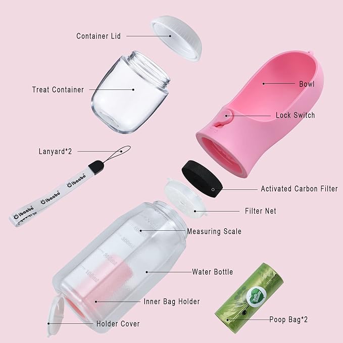 Dog Water Bottle with Food Container & Poop Bag Holder, Travel Water Bowl, Portable Pet Dispenser, Dog Stuff Accessories Items, Puppy Essentials Necessities for Yorkie Chihuahua Walking Hiking-PurrikoPets