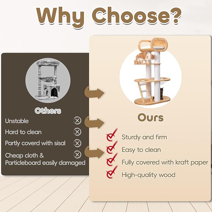 63'' Tall Modern Cat Tree for Indoor Cats, Luxury Cat Tree, Multi-Level Wood Climb Tower for Large Cat, Heavy Duty Kitty House with Transparent Bowl, Large Perches with Removable Cushion-PurrikoPets