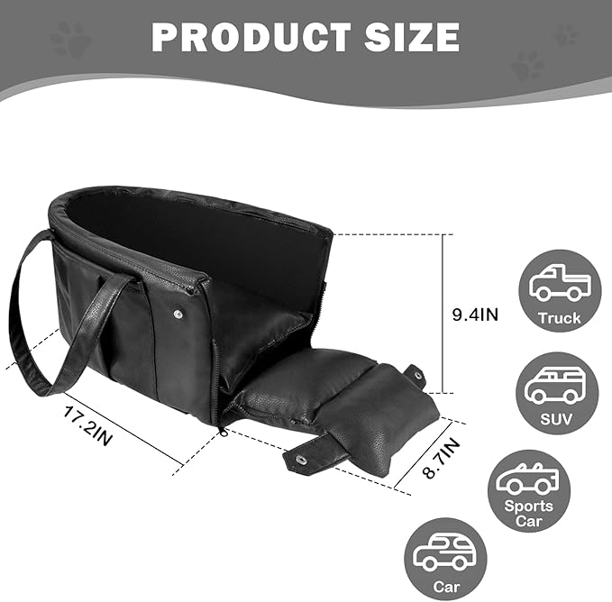 2 and 1 Center Console Dog Car Seat & Carrier for Small Dogs, Large Leather Dog Car Bed with Storage Pocket, Waterproof PVC Leather Seat Travel Bed for Front & Back Seat, Clip-On Safety Leash-PurrikoPets