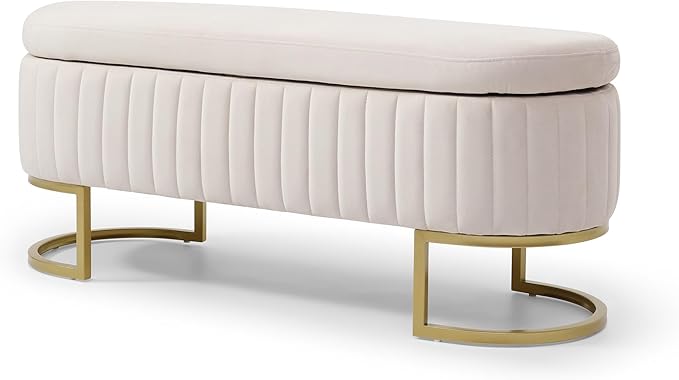 50" Sherpa Storage Ottoman Bench – Velvet Upholstered Bedroom Bench with Golden Metal Legs, Lift-Top Hidden Storage, Modern Footrest for Living Room, Entryway, Bed End (Beige)-PurrikoPets