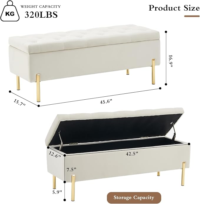 45.6 Inch Velvet Storage Bench Upholstered Tufted Settee Ottoman Bench with Storage, Bed End Bench with Soft Close Lid, for Bedroom, Living Room, Entryway, Rectangular Accent Bench, Beige-PurrikoPets