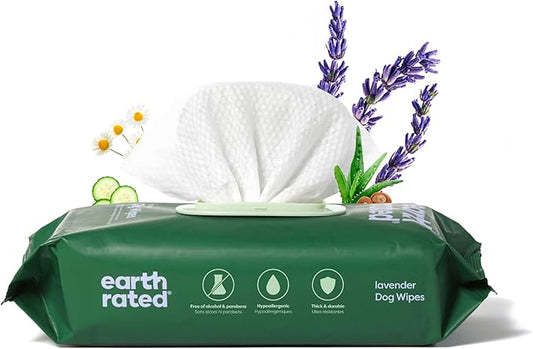 Earth Rated Dog Wipes, Hypoallergenic, Cleaning and Hydrating, for Grooming Paws, Body and Butt, Lavender Scented, 100 Count-PurrikoPets