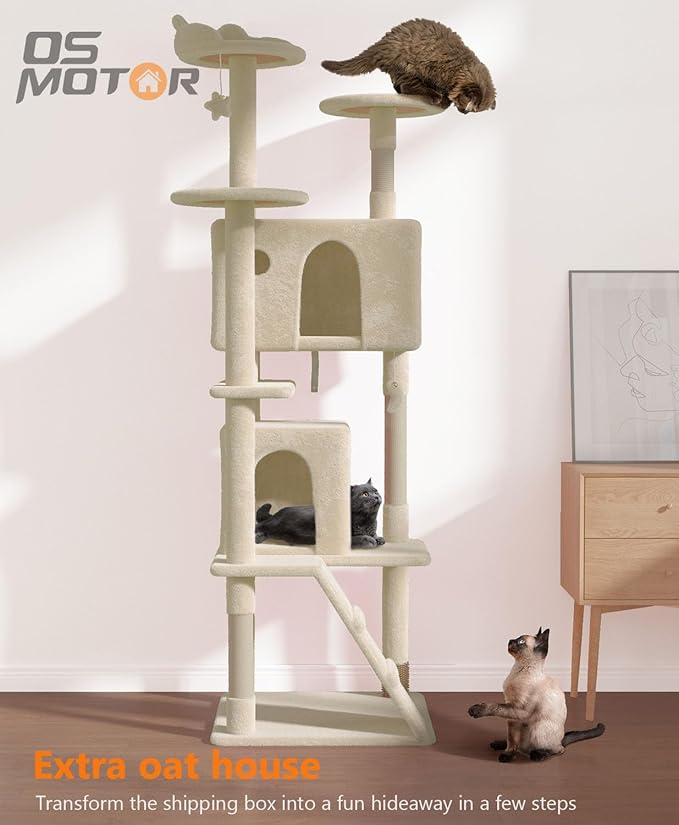 77'' Cat Tree Tower for Indoor Cats Large Adult, Cute/Tall Modern Cat Tree for Big Cats 20 lbs, Plush Multi-Level Cat Condo with Scratching Posts, Dangling Ball for Fun Play (Beige, 77 inch)-PurrikoPets