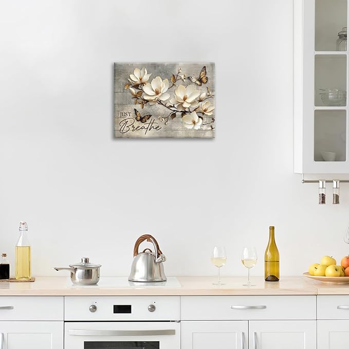 Floral Magnolia Bathroom Pictures Wall Art, Just Breathe Bathroom Wall Decor, Flower Butterfly Framed Painting Canvas Artwork for Bedroom Living Room Decorations 16"L x 12"W-PurrikoPets