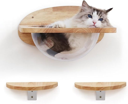 FUKUMARU Cat Wall Furniture Set, Transparent Capsule Kitten Walls Shelves with 2 PCS Pedals - Premium Kitty Bed for Sleeping, Playing, Climbing, and Lounging - Easily Holds Up to 35 Lbs-PurrikoPets