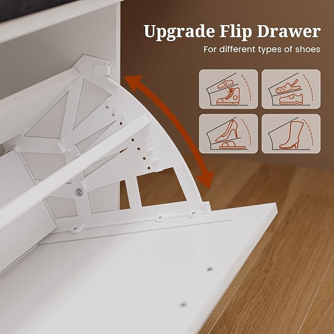 Farmhouse Storage Bench with Flip Drawers & Padded Seat Cushion, Half Hidden Shoe Rack Organizer, Adjustable Shelf Shoe Cabinet for Large Family, Entryway, Bedroom, Living Room (White)-PurrikoPets