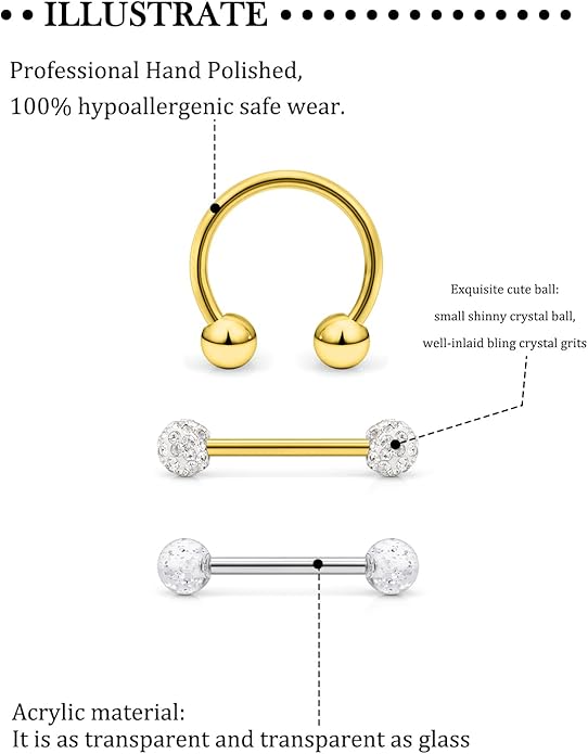 Hoeudjo 14Pcs 14G Surgical Steel Chain Dangle Nipple Rings Barbell Piercing Jewelry Retainer for Women