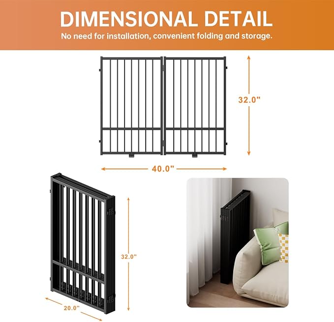 Full Metal Freestanding Dog Gate with Door, 32''Height Foldable Pet Dog Fence for Indoor & Outdoor, 2 Panels Extra Wide Free Standing TallDog Gates for Doorways,House,Stairs,Porch,Deck,Yard-PurrikoPets