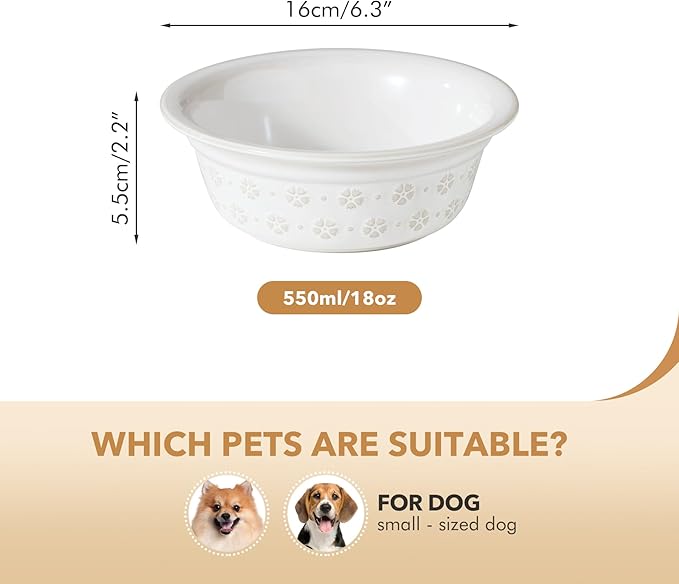 6.3inch Ceramic Set of 2 Dog Bowls, Food and Water Bowls for Small and Medium Dog, 2pcs Basic Dog Bowl, Wide Opening Rounded Edge (2 Bowls, Reactived Glaze -White)-PurrikoPets