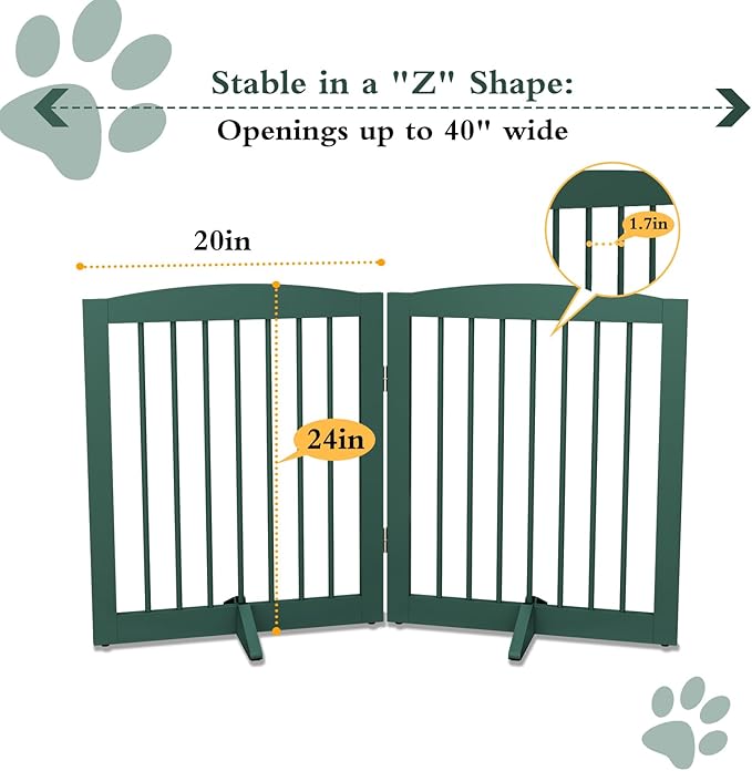 Freestanding Pet Gate for Dogs, Foldable Wooden Dog Gate for House, Stairs, Doorways, Step Over Pet Puppy Safety Fence,Support Feet Included,24" Height 2 Panels, Green-PurrikoPets