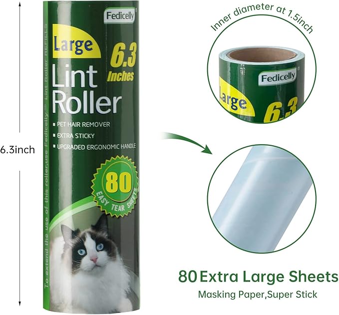 Floor Lint Rollers Pet Hair Extra Sticky with Retractable Long Handle,Large Cat Dog Hair Remover Laundry Clothes Carpet Furniture,6.3 inches Wider with 640 Sheets Giant Lint Remover Brush for Couch-PurrikoPets