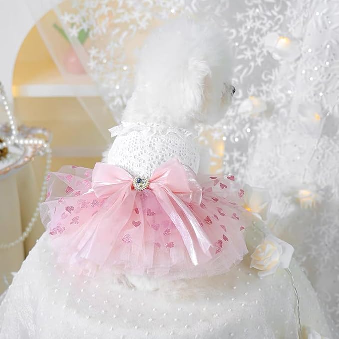 Dog Princess Dress with Heart Patterns & Bow Puppy Clothes for Small Dogs Girl Fancy Cat Birthday Outfit Pet Wedding Dresses(Pink White, Large)-PurrikoPets