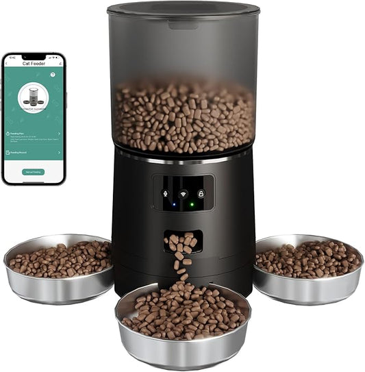 3-Cat Automatic Pet Feeder, 6L WiFi Cat Food Dispenser with APP Control, 1-10 Meal Programmable, Voice Recorder, Smart Alerts, Stainless Steel Bowls for Cats and Small Dogs (Black)-PurrikoPets