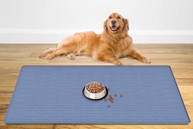 48" x 32" Largest Pet Food Mat, XXXL Silicone Dog Mats for Food and Water, Nonslip Pet Feeding Mats for Floors,Dog Cat Bowl Mat with Raised Edges, Lake Blue-PurrikoPets