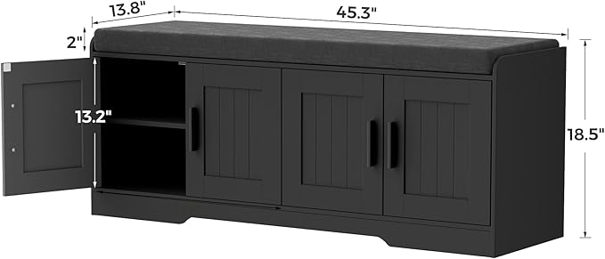 2-Tier Storage Bench, Shoe Bench with Thickened Padded Seat Cushion, Entryway Bench with 4 Doors, Adjustable Shelf, 13.8" D x 45.3" W x 18.5" H, for Entryway, Living Room, Bedroom, Black-PurrikoPets