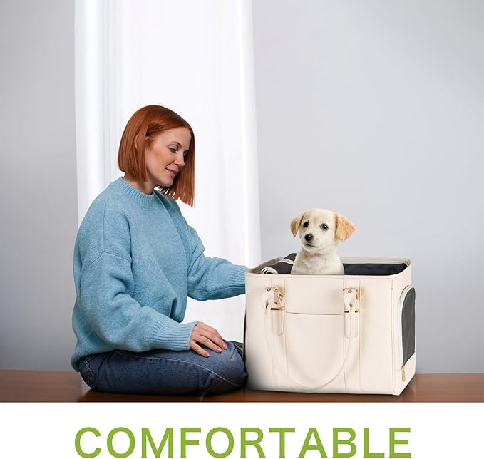 Fashion Pet Carrier Dog Purse Cat Bag Soft-Sided Carriers Travel Airline Approved, Stylish Leather Tote Handbag for Small Animal Puppy Kitten (White)-PurrikoPets