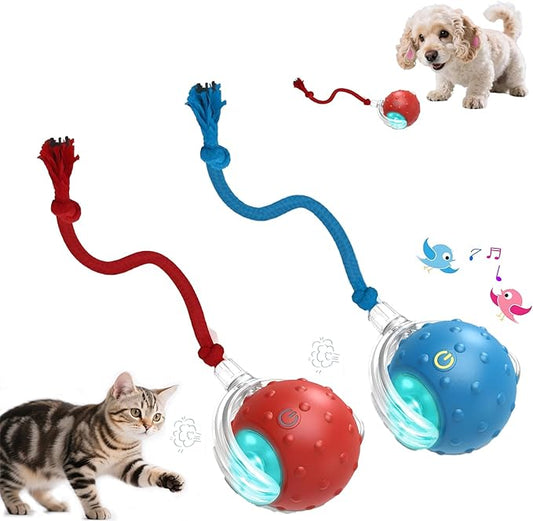 2-Pack Interactive Cat Toys Ball - 2025 New Gen with Smart Obstacle Avoidance,Bird Chirps & Auto Wake-Up,Includes 2 Speedy Tail 2.0 Ropes, Ideal Kitten Toys for Bored Indoor Cats (Red & Blue)-PurrikoPets