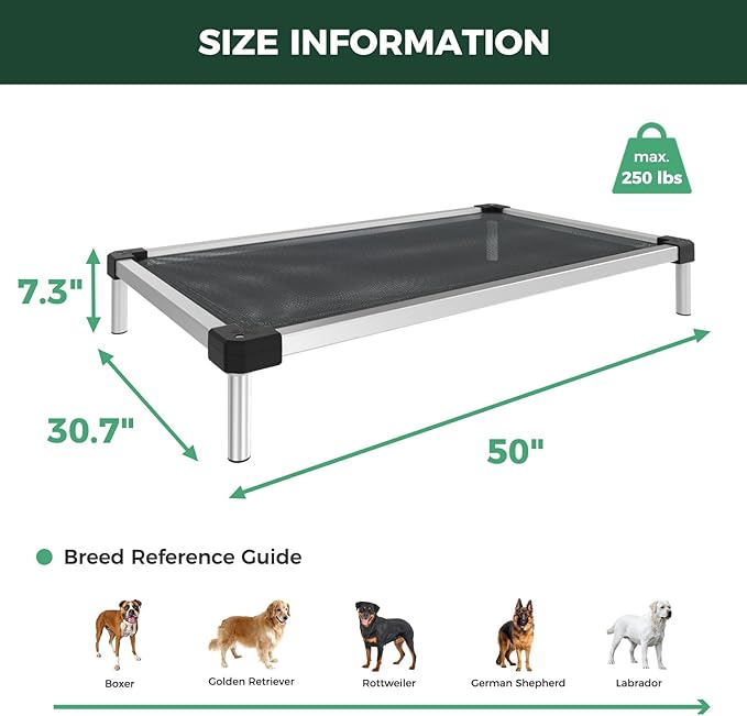 FXW TitanNest Chew-Proof Elevated Dog Bed, Raised Cot for Indoor/Outdoor/Camping Use, Durable & Waterproof Cooling Pet Bed for Large Dogs, 50.0" L x 31.0" W x 7.3" H, Black-PurrikoPets