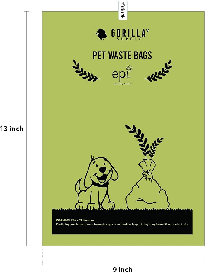 GORILLA SUPPLY Dog Poop Waste Bags with Dispenser and Leash Tie, 9" x 13", Green, 1000 Count-PurrikoPets