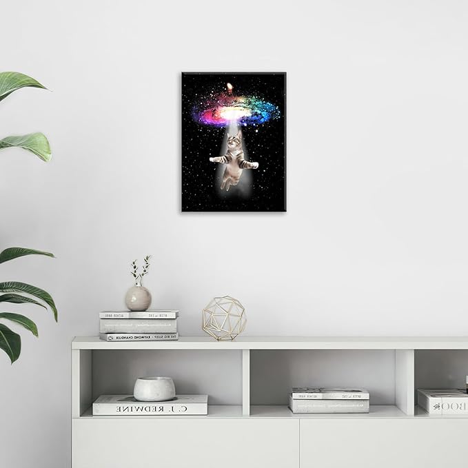 Funny Cat Wall Art Canvas Galaxy Wall Decor Prints Framed Painting Animal Pictures Gifts Artwork for Bathroom Living Dining Kitchen 16"x20"-PurrikoPets
