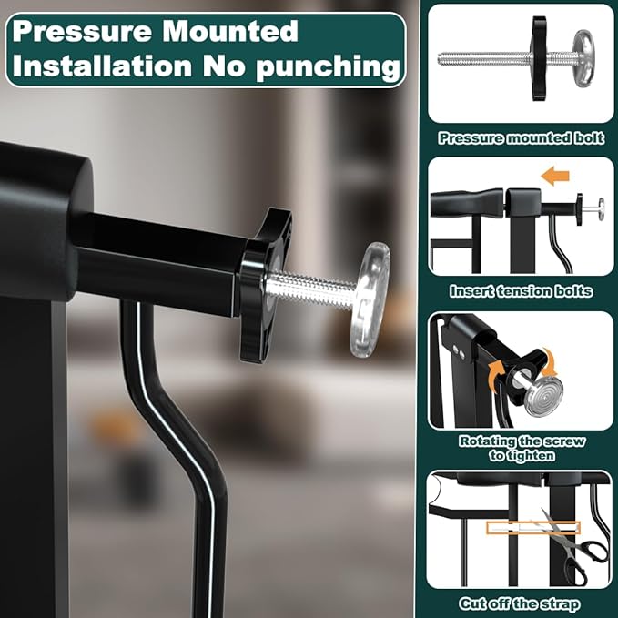 29.53"-33.85" Mornyray Auto-Close Baby Gate Extra Wide, Pressure Mounted Dog & Pet Gate for Stairs Doorways, No Drill Safety Barrier with Lace Design, Metal Child Proof Gate Indoor Outdoor, Black-PurrikoPets