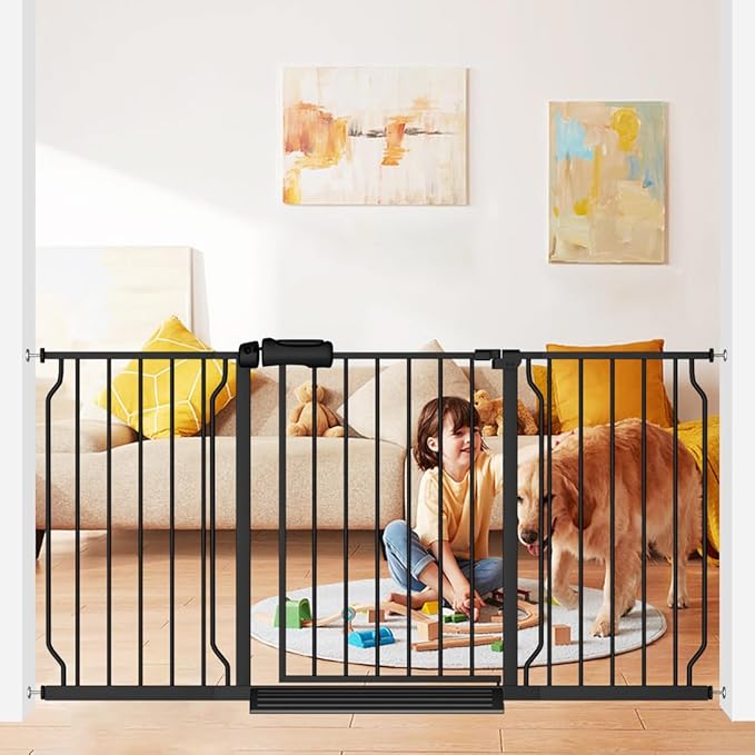 Extra Wide Baby Gate 57.5-62 Inch Black Walk THR Dog Gates Doorways House No Drill Pressure Mounted Auto Close Long Child Safety Gate for Kids and Pet-PurrikoPets
