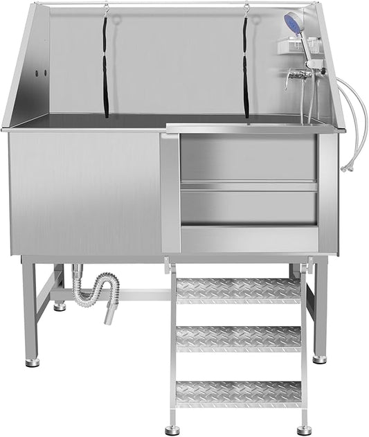 50" Dog Bathing Station, Professional Dog Washing Station Stainless Steel Dog Grooming Tub for Home,Equipped with Three Anti-Slip Steps, Removable Door, Pet Wash Station for Pet (50" Right ramp)-PurrikoPets