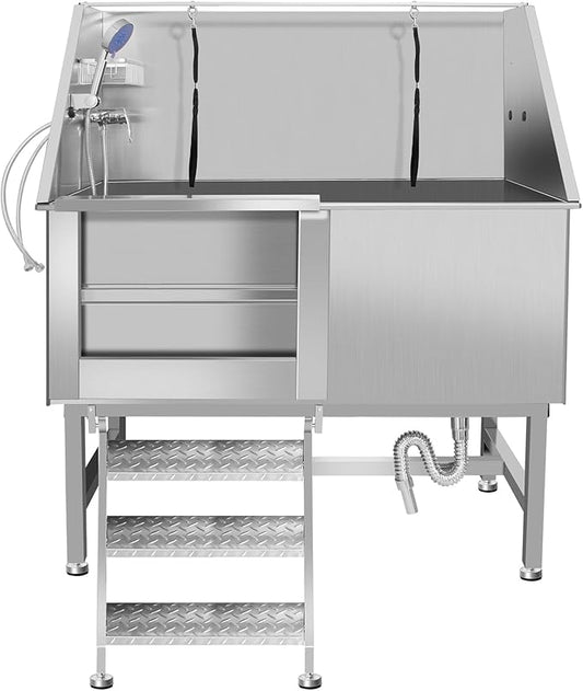 50" Dog Washing Station, Professional Stainless Steel Dog Bathing Station, Equipped/W Three Anti-Slip Steps, Removable Door, Upgraded Spray Nozzle&Hose - for Home, Pet Grooming Salon (50" Left ramp)-PurrikoPets