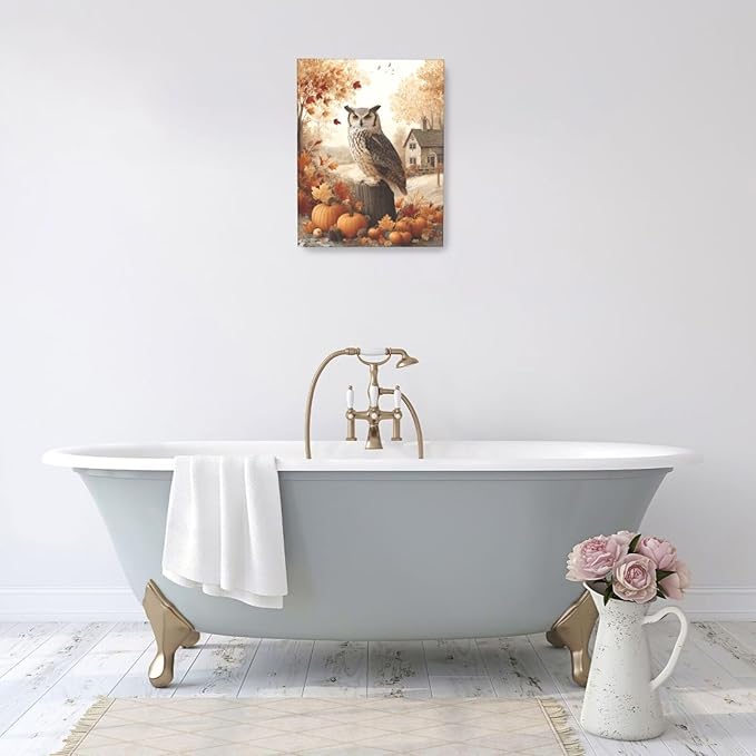 Fall Owl Wall Art Autumn Pumpkin Leaves Wall Decor Rustic Canvas Print Farmhouse Pictures Painting Print Framed Artwork Decorations Gifts for Living Room Bathroom Bedroom Office 16"x20"-PurrikoPets