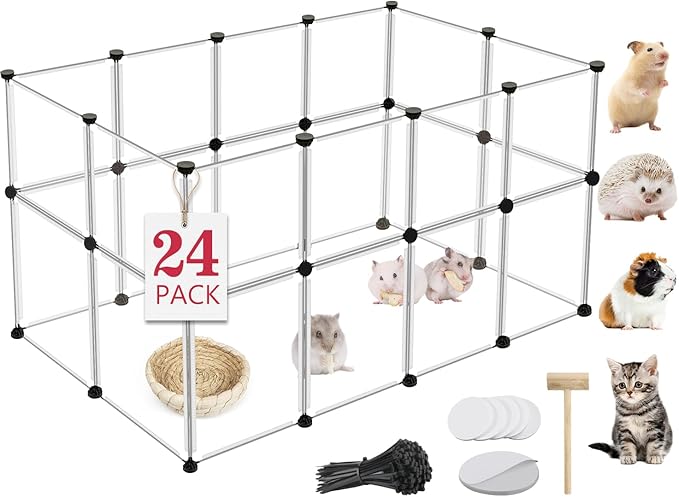 24 Panels Portable Small Animals Playpen,48"x 24"x 28" Transparent Pet Playpen,Portable Plastic Enclosure,Puppy Play Pen for Indoors Outdoor Pet Fence for Guinea Pigs,Bunny,Ferrets,Hamsters,Hedgehogs-PurrikoPets