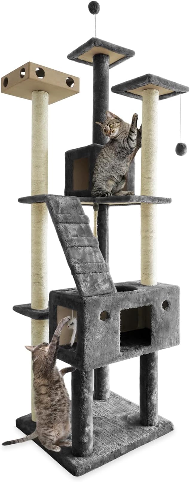 Furhaven 69.3" Tall Cat Tree for Indoor Cats, Ft. Sisal Scratching Posts, 2x Cat Condos, & Toys - Tiger Tough Double Decker Interactive Playground Tower - Silver Gray, One Size-PurrikoPets
