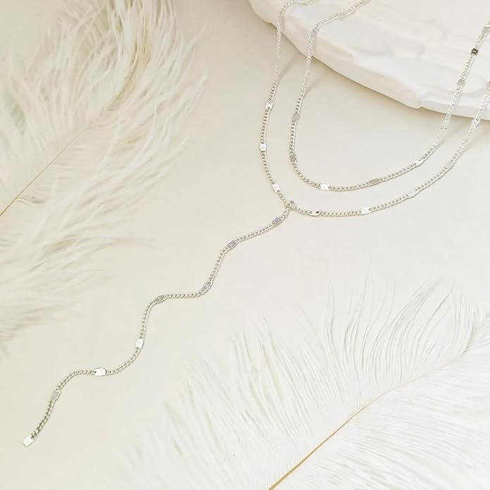 Lariat Silver/Gold Necklace for Women 925 Silver/14K Gold Plated Dainty Long Necklace Y-Shaped Drop Pendant Necklaces Choker Trendy Chain Simple Layered Necklaces CZ Jewelry for Women Set Gift