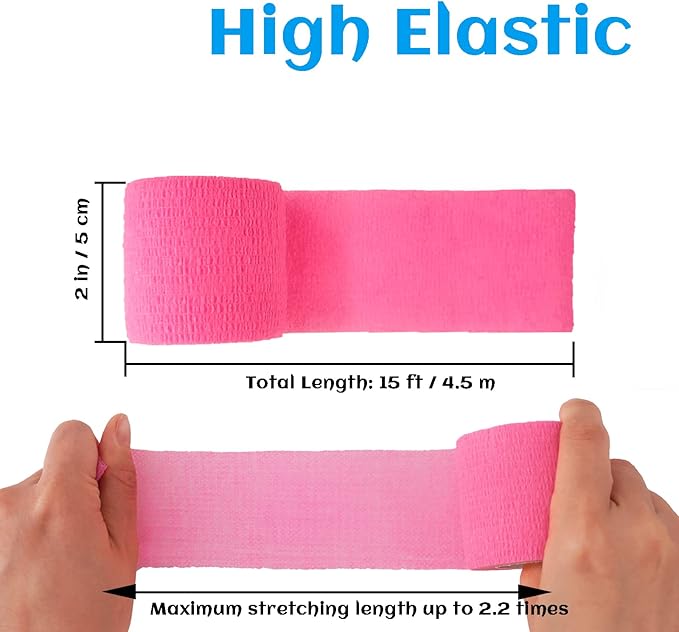 24 Rolls Pink Elastic Self Adhesive Bandage Wrap, Breathable Flexible Fabric Non Woven Cohesive Bandage, Ankle Sprains Swelling Medical First Aid Sports Athletic Tape, Dogs Pet Vet Wrap 2 in x 5 Yards-PurrikoPets