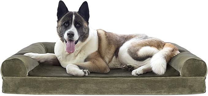 Furhaven Cooling Gel Dog Bed for Large Dogs w/ Removable Bolsters & Washable Cover, For Dogs Up to 95 lbs - Faux Fur & Velvet Sofa - Dark Sage, Jumbo/XL-PurrikoPets