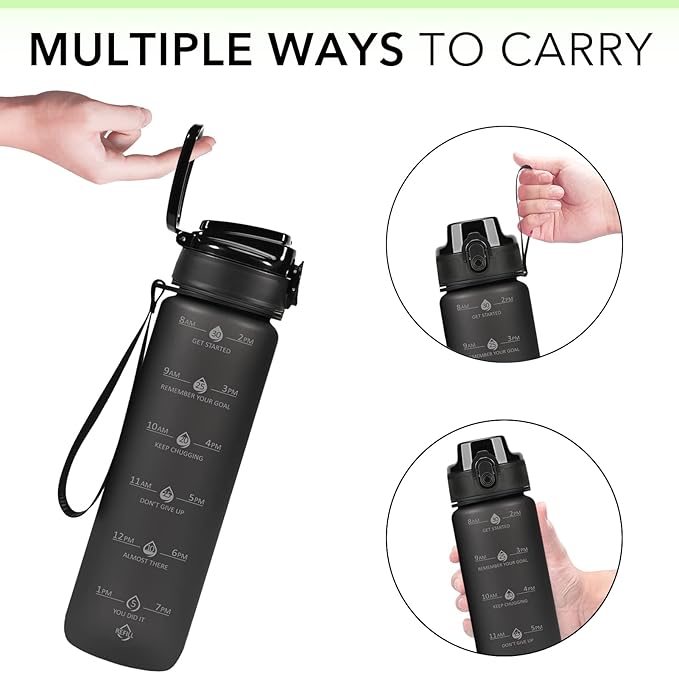 32oz Motivational Water Bottles with Time Marker & Fruit Strainer, Transparent Gradient Color Water Bottle with Times to Drink, Leakproof & BPA Free, Reusable Bottle with Strap (No Straw)-PurrikoPets