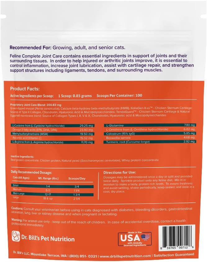 Dr. Bill’s Feline Complete Joint Care | Advanced Hip & Joint Supplement for Cats | Green Lipped Mussel Extract, Collagen Type II, Chondroitin, Hyaluronic Acid, Omega 3 and Colostrum | Powder, 85g-PurrikoPets