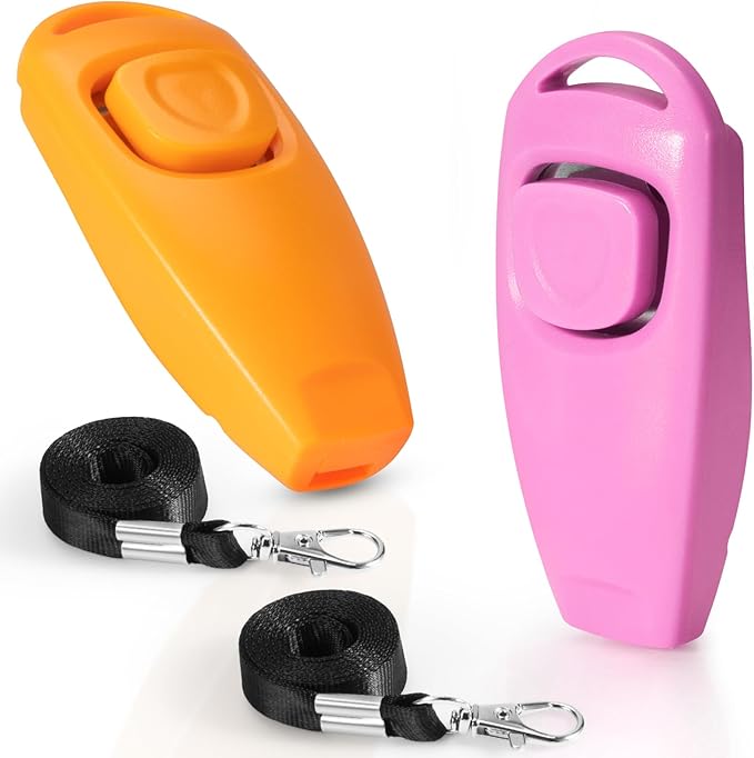 2-in-1 Dog Training Clicker Whistle for Training and Recall, Training Accessories for Puppy, Cats, Horses & Small Animals - 2 Pack with Lanyard, Reward Your Pets Efficiently(Pink + Orange)-PurrikoPets