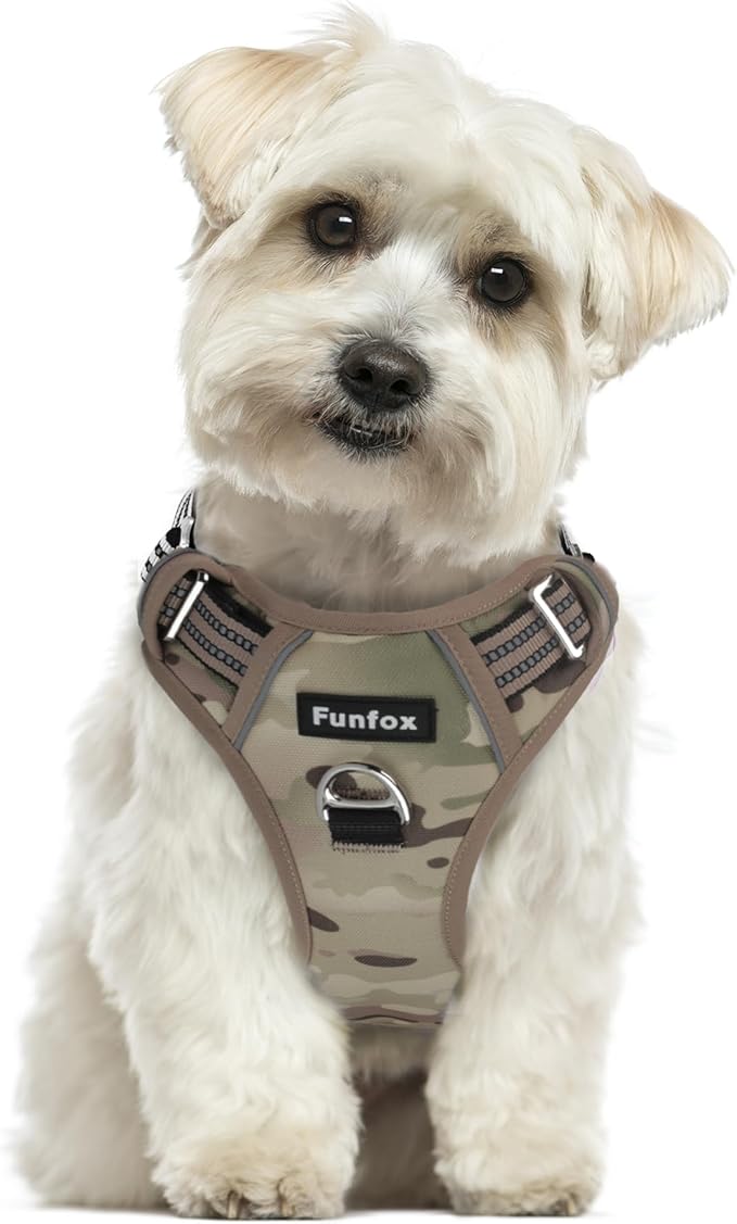 Funfox Dog Harness No Pull, Adjustable Pet Vest Harness, Super Soft Material with Vertical Handle Easy Control, Reflective Night Walking, 2 Leash Clips for Small Sized Dogs, Camo Brown, S-PurrikoPets