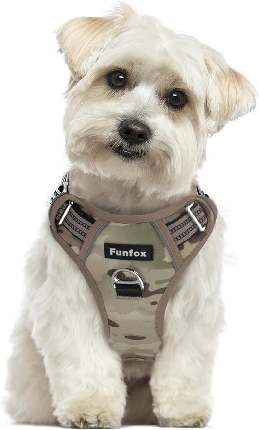 Funfox Dog Harness No Pull, Adjustable Pet Vest Harness, Super Soft Material with Vertical Handle Easy Control, Reflective Night Walking, 2 Leash Clips for Small Sized Dogs, Camo Brown, S-PurrikoPets