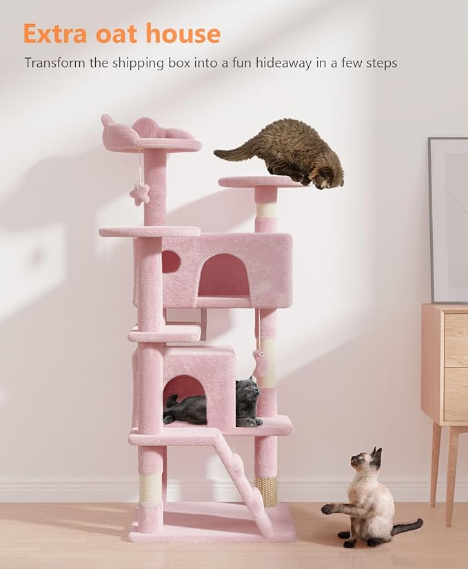 54" Cat tree Tower for Indoor Cats Large Adult,Cute/Tall Modern Cat Tree for Big Cats 20 lbs,Plush Multi-Level Cat Condo with Scratching Posts, Dangling Ball for fun play (Soft Pink, 54 inch)-PurrikoPets