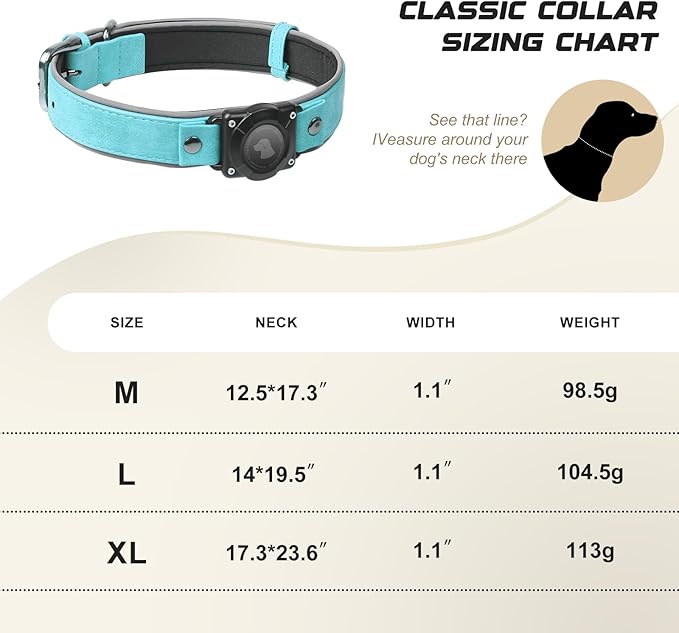 AirTag Dog Collar - Leather Dog Collar with Air Tag Holder | IPX8 Waterproof, Reflective, High - End, Adjustable Soft Padded | Dog GPS Tracker Collars Fit for Medium Large Dogs (Light Blue, L)-PurrikoPets