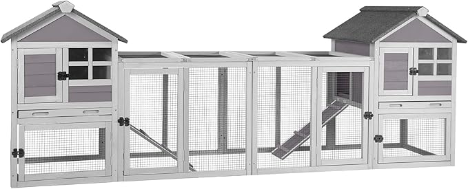 Aivituvin Rabbit Hutch Indoor Bunny Cage Outdoor with Run Chicken Coop Guinea Pig House with Waterproof Asphalt Roof,No Leakage Pull Out Tray (103.2" L x 25.2" W x 36.2" H, Grey-2 Sets)-PurrikoPets