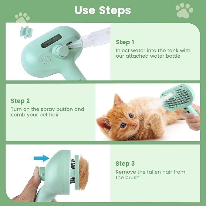 3 in 1 Cat Steam Brush, Pet Spray Hair Removal Comb for Shedding & Grooming, Water Brush for Cats Dogs Small Animals Long Short Haired with One-Click Release Button(Green)-PurrikoPets