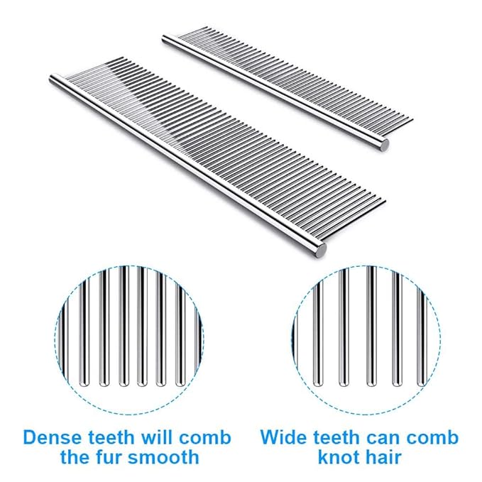 2 Pack Dog Combs with Rounded Ends Stainless Steel Teeth, Cat Comb for Removing Tangles and Knots, Professional Grooming Tool for Long and Short Haired Dog, Cat and other pets, 6.3IN/7.4IN-PurrikoPets