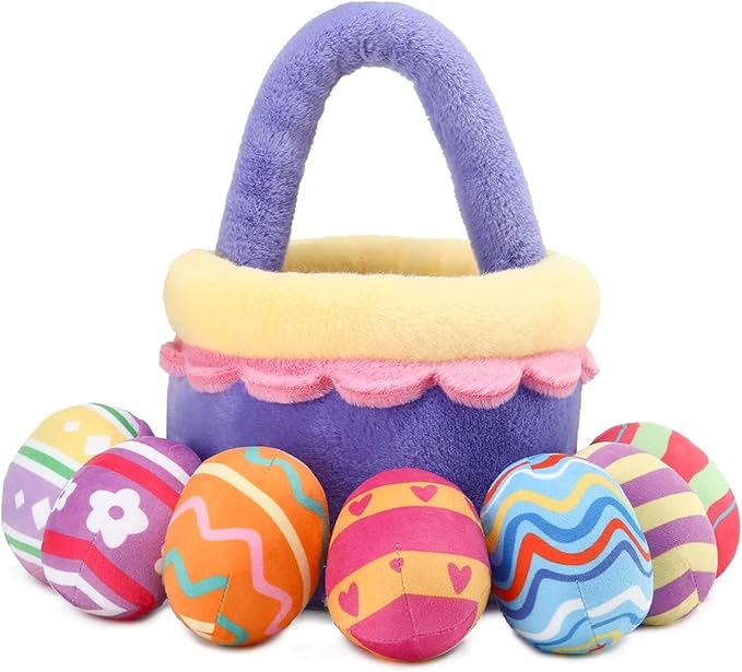 8 Piece Plush Stuffed Playset Toys with 7 Eggs, 1 Furry Bag, Soft Basket Set Sensory Toys for Girls Kids Ages 3+, Birthday Christmas Valentines Easter Party Favors Gifts-PurrikoPets