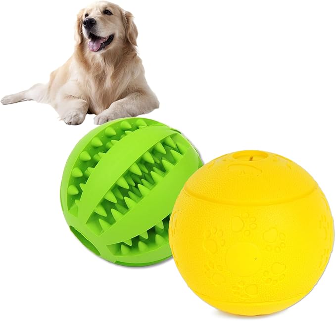 Dog Puzzle Toy, Treat and Dental Balls, Interactive Treat Dispensing Toy for Dogs, Durable Puppy Toys for Teething Small Dogs, Rubber Teeth Balls, Slow Feeder, 2-Pack (Medium Large)-PurrikoPets