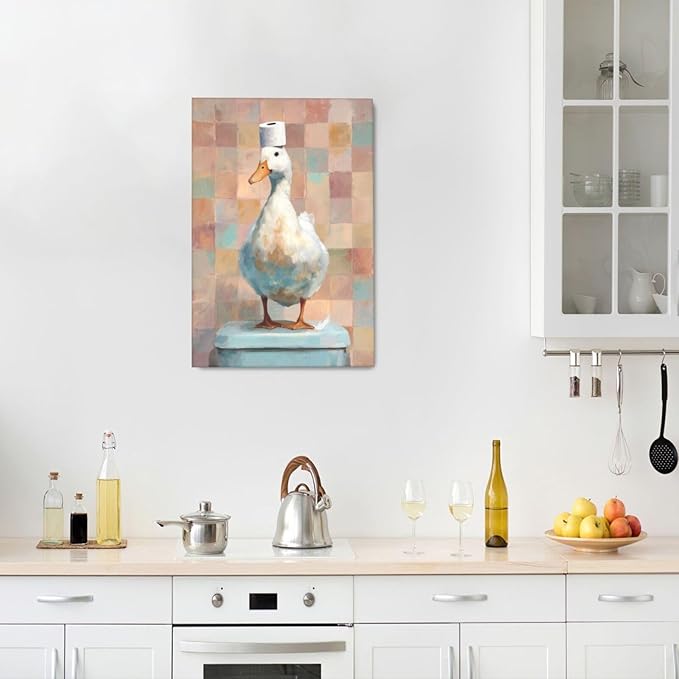 Funny Duck Bathroom Wall Art Cute Duck on Toilet Canvas Wall Decor Funny Quirky Farm Animal Pictures Painting Print Framed Artwork Decorations Gifts for Bathroom 16"x24"-PurrikoPets
