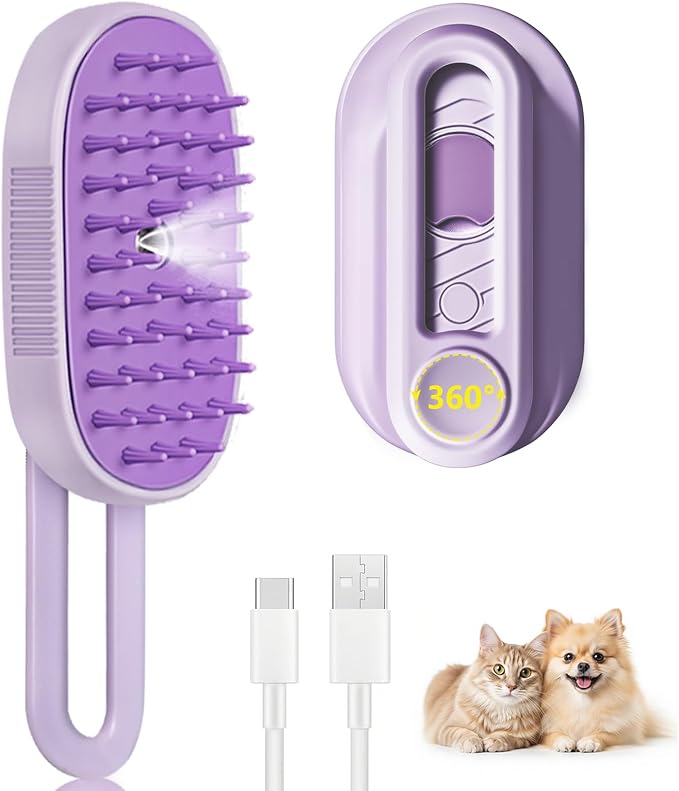 3-in-1 Cat Steam Brush, Rechargeable Cat Brush with Steam, Spritz Defur Comb for Dogs, Spritz Defur Comb for Cats (Purple)-PurrikoPets